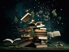 ai gegenereerd ai generatie. stack van oud boeken en vliegend boeken met gouden stuifmeel en Kerstmis foto