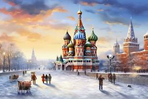 heilige basilicum kathedraal Aan rood plein in Moskou, Rusland. winter landschap, Moskou, Rusland, rood vierkant, visie van st. basilicum kathedraal, Russisch winter, ai gegenereerd foto