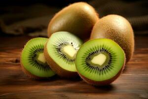 kiwi fruit Aan houten achtergrond. selectief focus. afgezwakt, aard groen edelsteen ontmoeten de kiwi, ai gegenereerd foto