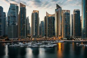 Dubai jachthaven Bij zonsondergang in dubai, vae. Dubai was de snelste ontwikkelen stad in de wereld tussen 2002 en 2008, modern gebouwen in Dubai jachthaven, dubai, ai gegenereerd foto