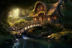 mooi fantasie landschap met een houten brug over- de rivier, fee huis Aan de rivier- en houten brug, ai gegenereerd foto