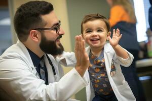 dokter geven hoog vijf naar een weinig jongen geduldig in de ziekenhuis, dokter golvend met een klein kind en lachend, ai gegenereerd foto