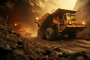 dump vrachtauto werken in een steenkool de mijne. mijnbouw industrie concept, mijnbouw goud in ruimte, ai gegenereerd foto
