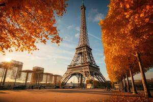 de eiffel toren in Parijs, Frankrijk. mooi herfst landschap, eiffel toren met herfst bladeren in Parijs, Frankrijk, ai gegenereerd foto