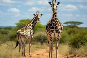 twee giraffen in de savanne van Kenia, Afrika, giraffe en vlaktes zebra in Kruger nationaal park, zuiden Afrika, ai gegenereerd foto