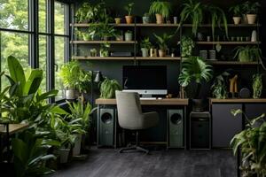 modern kantoor interieur met meubilair, planten en venster. werkplaats concept, interieur van een modern computer kamer. 3d weergave. afgezwakt afbeelding, ai gegenereerd foto