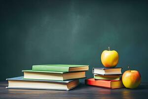 stack van boeken en appel Aan schoolbord achtergrond. terug naar school- concept, bril leraar boeken en een staan met potloden Aan de tafel, Aan de achtergrond van een schoolbord met krijt, ai gegenereerd foto