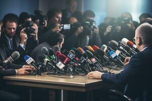 achterzijde visie van journalisten afnemen van interviews een Mens in de nieuws studio, media interview in een conferentie kamer, microfoons, druk op conferentie, druk op conferentie, ai gegenereerd foto