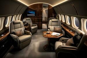 interieur van een privaat Jet met leer stoelen en fauteuils, luxueus privaat Jet interieur uitstralend elegantie en comfort, ai gegenereerd foto