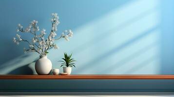 pot van bloemen Aan een minimalistisch blauw achtergrond. gemaakt met generatief ai foto