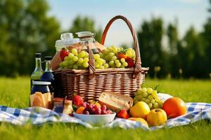 picknick mand met voedsel Aan groen gras in park, detailopname, picknick mand heeft een veel van voedsel Aan groen gras met blauw lucht in park.daar zijn melk ,appels ,sinaasappelen, ai gegenereerd foto