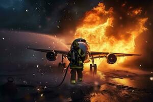brandweerman blussen een brand in een vliegtuig. 3d weergave, brandweerman gebruik makend van water en brandblusser naar strijd brand vlam in vlak ongeluk, ai gegenereerd foto
