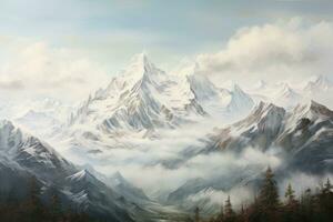 berg landschap met met sneeuw bedekt pieken en naald- Woud, panorama van de bergen, ai gegenereerd foto