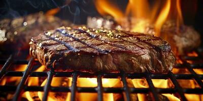 rundvlees biefstuk steak grillen Aan een vlammend grillen. generatief ai foto