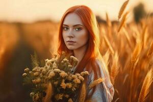 rood haren vrouw in tarwe veld. genereren ai foto