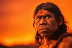 neanderthaler Mens gezicht. genereren ai foto