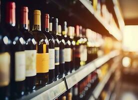 abstract vervagen wijn flessen Aan likeur alcohol schappen in supermarkt op te slaan achtergrond. generatief ai foto