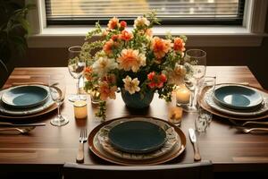 top visie foto's van tafel reeks in dining kamer ai gegenereerd foto