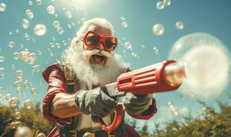 de kerstman claus in een speels humeur creëren zeep bubbels. ai generatief foto