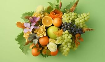 levendig fruit arrangement met sinaasappels en druiven. ai generatief foto