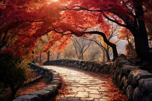 herfst landschap in zuiden Korea, namsan, mooi hoor traject in herfst kleuren, ai gegenereerd foto