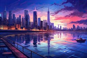 Shanghai horizon Bij zonsondergang met wolkenkrabbers. vector illustratie, nachtelijk stedelijk landschap met rivier- en wolkenkrabbers. een afbeelding van stad landschap in een post-impressionistisch kunst stijl, ai gegenereerd foto