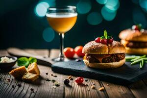 een hamburger en een glas van wijn Aan een houten tafel. ai-gegenereerd foto