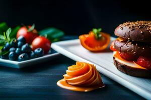 een chocola hamburger met aardbeien en bosbessen Aan een bord. ai-gegenereerd foto