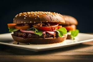 twee hamburgers Aan een bord met sesam zaden. ai-gegenereerd foto