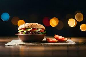 een Hamburger is zittend Aan een houten tafel met een plak van watermeloen. ai-gegenereerd foto