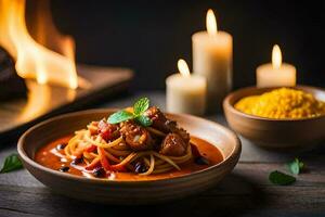 spaghetti met vlees en saus in een schaal. ai-gegenereerd foto