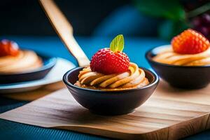 klein desserts met aardbeien in kommen Aan een houten tafel. ai-gegenereerd foto