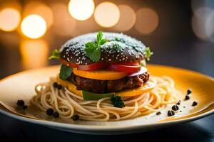 een Hamburger met groenten en spaghetti Aan een bord. ai-gegenereerd foto