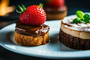 twee desserts Aan een wit bord met aardbeien. ai-gegenereerd foto