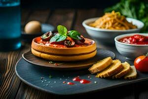 voedsel Aan een houten tafel met brood, tomaat saus en andere ingrediënten. ai-gegenereerd foto