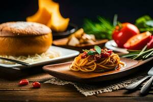 spaghetti met tomaat saus en groenten Aan een houten tafel. ai-gegenereerd foto