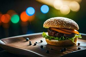 een Hamburger Aan een houten bord met lichten in de achtergrond. ai-gegenereerd foto