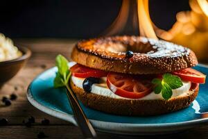 een bagel met tomaten, kaas en kruiden Aan het. ai-gegenereerd foto