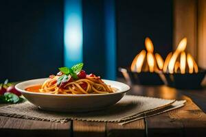 spaghetti met tomaat saus en basilicum bladeren in een schaal. ai-gegenereerd foto