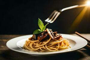 spaghetti met champignons en basilicum Aan een bord. ai-gegenereerd foto