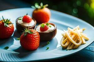 aardbeien en chocola gedekt aardbeien Aan een bord. ai-gegenereerd foto