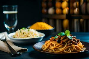 spaghetti met vlees en groenten Aan een bord. ai-gegenereerd foto