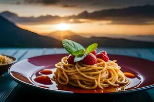 spaghetti met frambozen en basilicum Aan een bord met een zonsondergang in de achtergrond. ai-gegenereerd foto