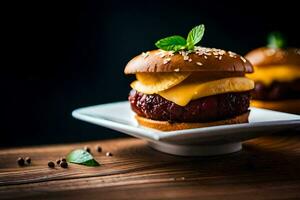 twee hamburgers Aan een bord met specerijen. ai-gegenereerd foto