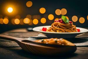 spaghetti met kers saus en een houten lepel Aan een houten tafel. ai-gegenereerd foto