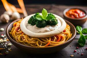 spaghetti met saus en groenten in een schaal. ai-gegenereerd foto