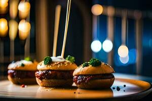 drie mini hamburgers Aan een houten bord. ai-gegenereerd foto