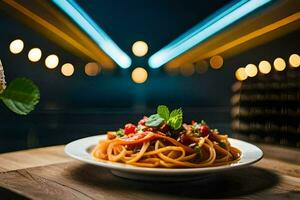 een bord van spaghetti met tomaten en basilicum Aan een houten tafel. ai-gegenereerd foto