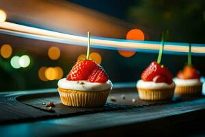 drie cupcakes met aardbeien Aan top. ai-gegenereerd foto