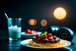 een bord van spaghetti met aardbeien en een glas van melk. ai-gegenereerd foto